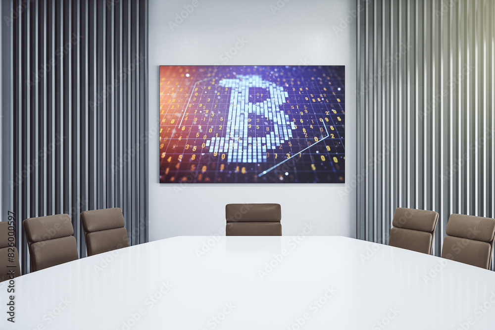 Poster Creative Bitcoin symbol on presentation tv screen in a modern meeting room. Cryptocurrency concept. 3D Rendering