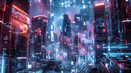 Obraz premium A futuristic cityscape with digital displays and holographic projections