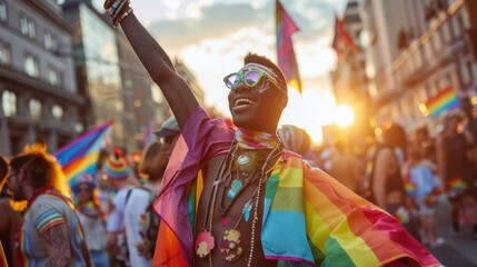 Transgender men having fun at a street LGBT parade, wearing colorful clothes. at sunset.