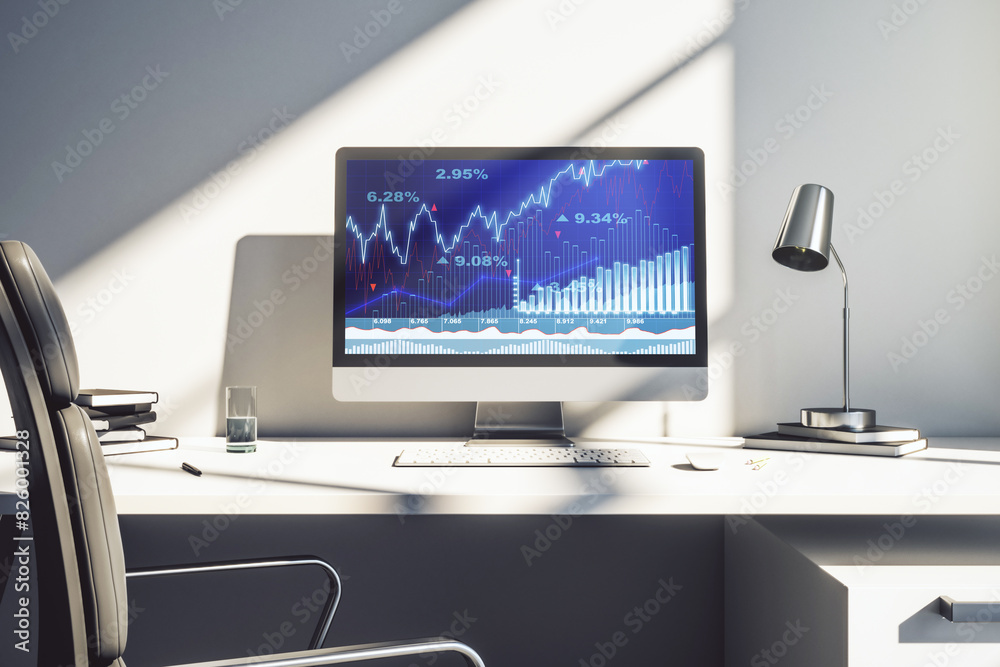 Poster Modern computer screen with abstract financial diagram, banking and accounting concept. 3D Rendering