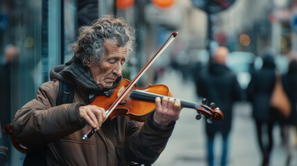 Fototapeta premium Street musician pouring soul into music with a violin on a bustling city sidewalk.