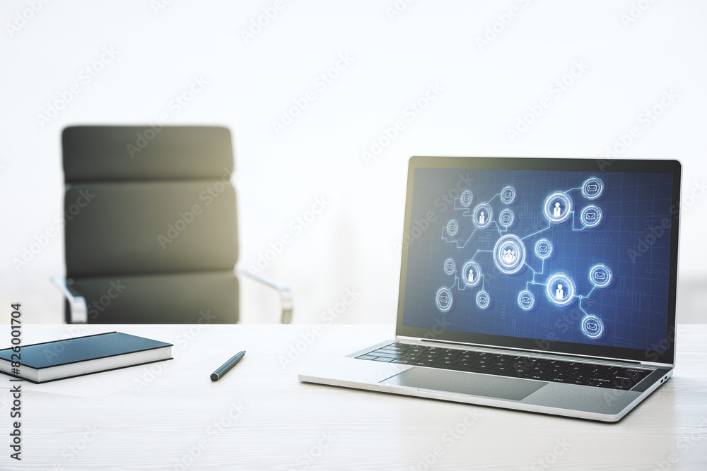 Poster Modern computer monitor with social network icons concept. Marketing and promotion concept. 3D Rendering