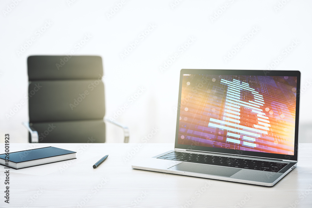 Poster creative bitcoin concept on modern laptop screen. 3d rendering