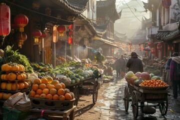 A vibrant street scene in an old Chinese city