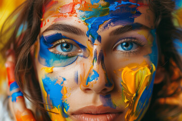 Obraz premium Close-up of woman with colorful face paint and bright blue eyes
