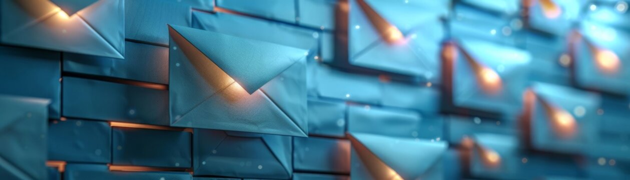 Conceptual array of 3D mail envelopes on a blue background, symbolizing mass communication and data exchange