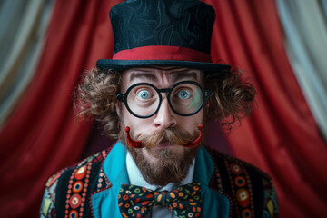 Fototapeta premium Whimsical comedian with curly hair and quirky glasses