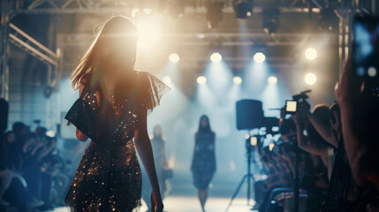 Fashion model struts down the runway, backlit by dazzling show lights.