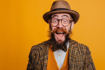 Happy bearded man in hat and glasses with yellow background - Powered by Adobe