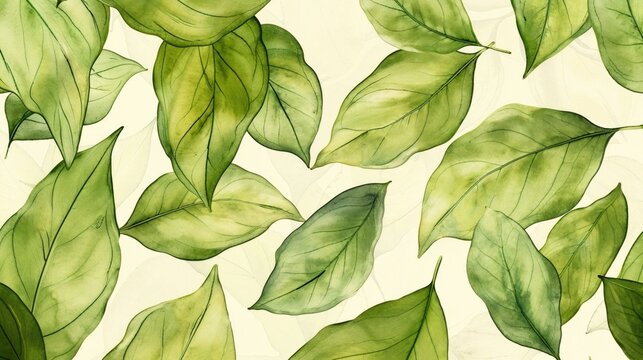 Beautifully Illustrated Green Leaves on White with copy-space. Invitation Wallpaper.