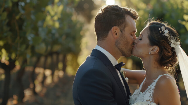 Wedding couple exchanges a soft kiss amidst a vineyard at golden hour.