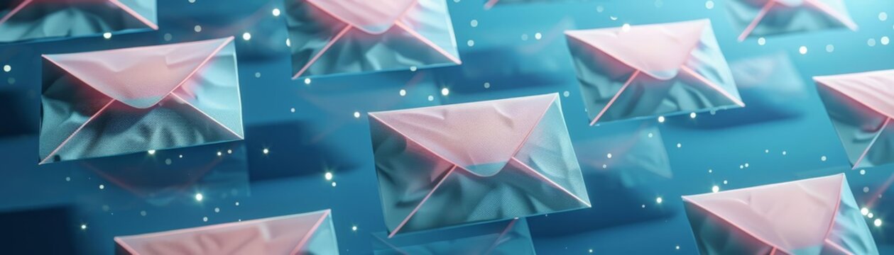 Conceptual array of 3D mail envelopes on a blue background, symbolizing mass communication and data exchange