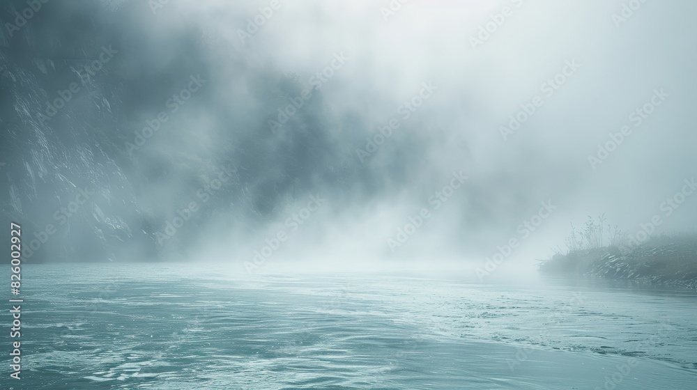 Wall mural the glacial river engulfed by mist and fog creating a mysterious and ethereal atmosphere.