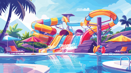 Summer waterpark with water pools and slides. Cartoon