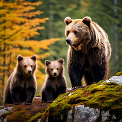 Fototapeta premium group of brown bears ursus arctos mother with older cub in autumn european forest bear tree background,