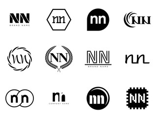 NN logo company template. Letter n and n logotype. Set different classic serif lettering and modern bold text with design elements. Initial font typography.