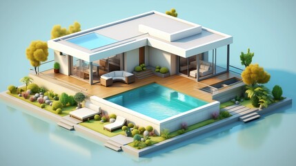 Modern bungalow in an isometric 3D rendering with a swimming pool
