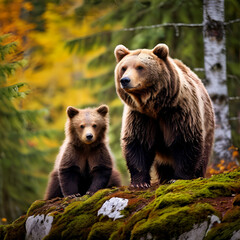 group of brown bears ursus arctos mother with older cub in autumn european forest bear tree background,