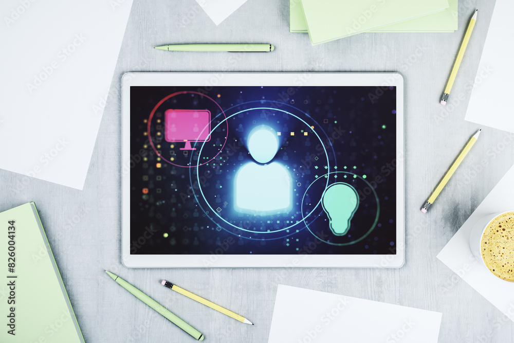Fototapete modern digital tablet display with social network media concept. top view. 3d rendering