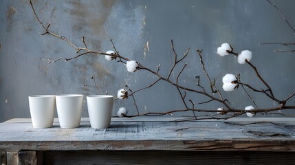 Rustic Wooden Bench with Four Tall White Cups. 
Vintage Wooden Bench and Four White Cups