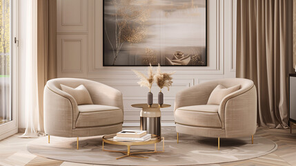 stylish champagne accent chairs featuring beige upholstery