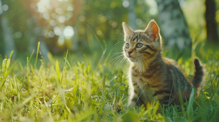 Curious kitten in sunlit grass, bathed in golden hour light.
