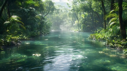 A clean, flowing river surrounded by lush vegetation and wildlife List of Art Media Photograph inspired by Spring magazine