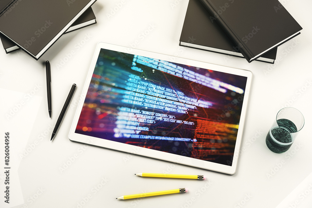 Leinwandbilder top view of modern digital tablet screen with abstract creative programming illustration, big data a