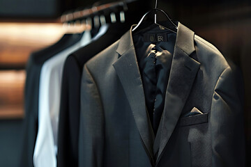 Dark wedding suit jacket hanging on hanger in the boutique