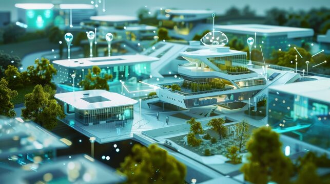 futuristic school or university campus with interactive smart boards