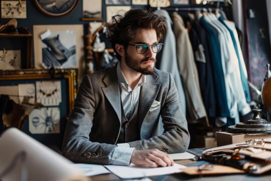 Fashion designer working in studio surrounded by garments