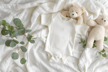 
White cotton baby short sleeve bodysuit, toy teddy bear and eucalyptus branch on white ivory blanket throw background. Blank infant onesie mockup template. Top White cotton baby short sleeve bodysuit