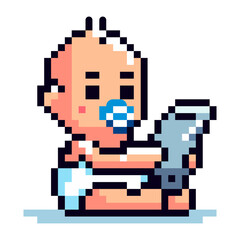 pixel art icon of a baby with a pacifier playing with a phone on a white background