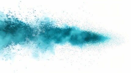 A trail of particles in an abstract background, with a radial blur effect and a cyan color grade, isolated on solid white background