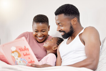 Fototapeta premium Parents, reading and child with book in bed for learning language in story and education in home. Happy, black family or kid with question for fairytale and development of literacy with mom and dad