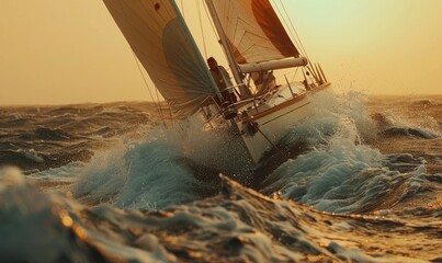 A sport sailboat is rushing through the rough sea