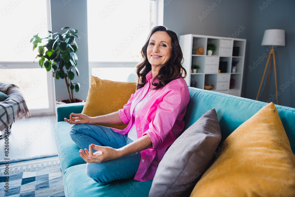 Wall mural Photo of lovely cute charming retired woman dressed stylish clothes enjoying cosy time indoors