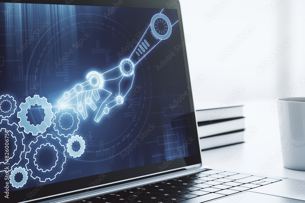 Aufkleber Creative abstract robotics technology hologram on modern computer monitor, artificial intelligence and machine learning concept. 3D Rendering