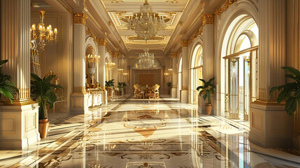 The grand entrance of the luxury hotel features a spacious lobby with elegant lighting and marble floors. The walls are in gold