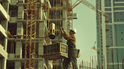 Construction worker securing a cargo lift on a bustling urban high-rise building site.