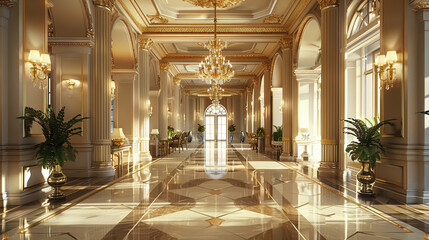 The grand entrance of the luxury hotel features a spacious lobby with elegant lighting and marble floors. The walls are in gold