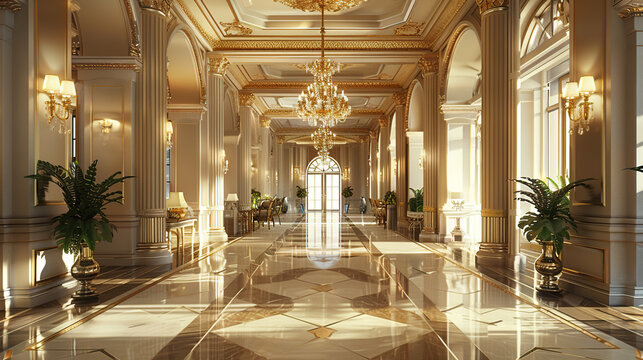The grand entrance of the luxury hotel features a spacious lobby with elegant lighting and marble floors. The walls are in gold