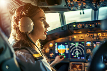 Female pilot and co-pilot preparing for takeoff in the cockpit