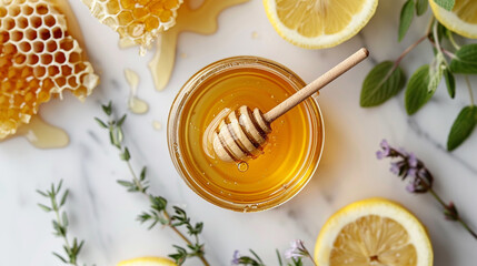An overhead shot of a jar of honey with a wooden dipper submerged inside