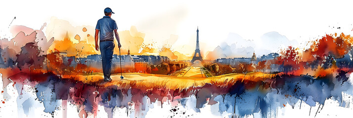 Watercolor illustration of a golfer with the Eiffel Tower in the background, celebrating the Olympic Games in Paris with vibrant colors with copy space