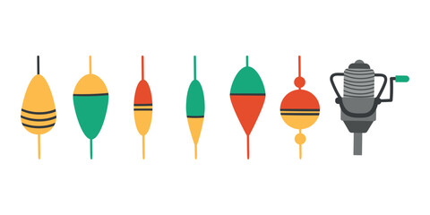 Vector set of fishing accessories, bait, tackle. Fishing illustration, color icons, badges, eps 10