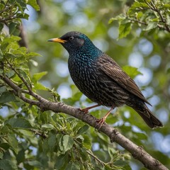 Fototapeta premium Close-up of a starling on a tree branch in the garden