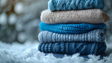 A stack of sweaters with a blue sweater,
Stack of sweaters and color fun palette in classic blue 2020 color Color of year 2020 concept for fashion and clothing