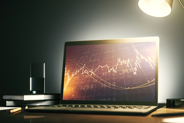 Abstract creative financial graph on modern laptop monitor, forex and investment concept. 3D Rendering