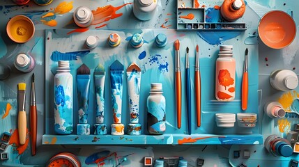 Creative Art Supplies Workspace with Organized Assortment of Brushes Paints and Stationery on Shelves